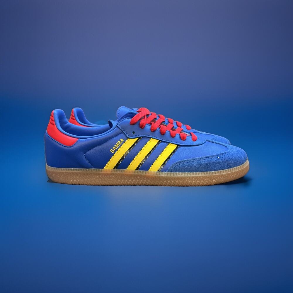 Size 11 - adidas Samba Licensed Hi-Res Blue Yellow Vivid Red